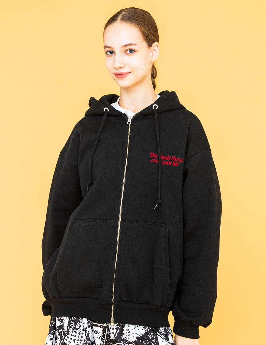 EMBROIDERY LOGO ZIP HOODIE (BLACK) - CandyHoop