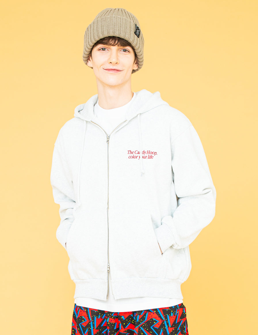 EMBROIDERY LOGO ZIP HOODIE (GRAY) - CandyHoop